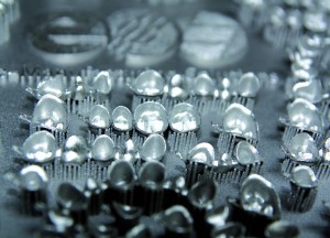 Dental building platform, close-up view of patient specific crowns and bridges. Material: EOS CobaltChrome SP2 (Image courtesy of EOS, Gmbh)