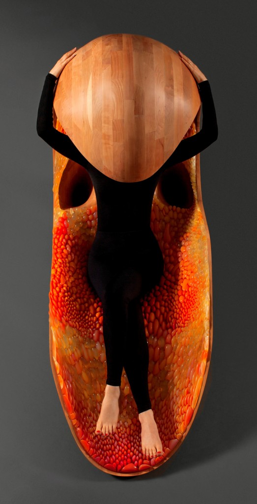 'Gemini' acoustic chaise by Prof. Neri Oxman in collaboration with Prof. W. Craig Carter and STRATASYS, purchased by SFMOMA. Inner lining produced in 44 composite materials using Stratasys' unique color, multi-material 3D printing technology. Photography by Michel Figuet
