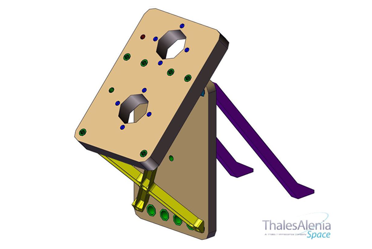 Original design: Conventional component assembled from 9 parts and with 22% additional weight: arrangement of 2 sandwich honeycomb panels with metal inserts and milled webs which were screwed and stuck together. (Image courtesy of Thales Alenia Space)