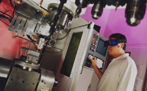 Dr. Frank Liou observes the metal deposition process in Missouri S&T’s Laser Aided Manufacturing Process (LAMP) Laboratory.