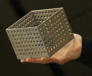 A perforated metal box produced by an Arcam 3D printer. This detailed "calibration" part illustrates some of the versatility of 3D printing. Photo: Jason Richards