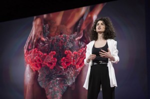Neri Oxman’s lauded TED Talk reveals Stratasys 3D printed wearable designed to host living matter in another world’s first. Photo credit: Bret Hartman, courtesy of TED.