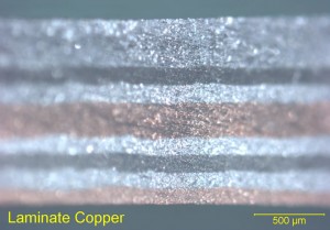 Laminate Copper 50x Caption: The solid-state nature of the ultrasonic bonding process used in UAM permits joining of dissimilar metals without the formation of brittle intermetallics as seen in fusion processes. (Photo courtesy of Fabrisonic LLC)