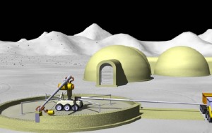 An artist's rendition of what building a structure using on-site regolith and additive manufacturing might look like. This is a technology under development for use in deep space exploration. (Photo courtesy of NASA)