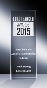 Award for Best CEO in the Additive Manufacturing Industry 2015 (Photo courtesy of Concept Laser GmbH, Lichtenfels)