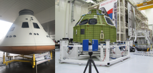 (left) The Orion spacecraft replica, which is housed at the Kennedy Space Center Visitor Complex, will be 3D scanned on March 1. (right) 3D laser scanning the Orion pressure capsule with the FARO Focus3D X 330 Laser at the Neil Armstrong Operations and Checkout Building at the Kennedy Space Center (Photos courtesy of SME)