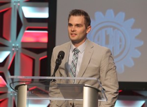 Joel Neidig with ITAMCO gives his acceptance speech for the 2016 Next Generation Award from the American Gear Manufacturers Association. Photo courtesy of ITAMCO