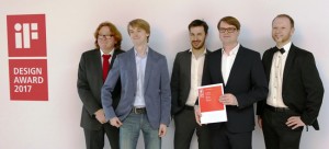 Beaming faces at the presentation ceremony for the iF DESIGN AWARD 2017 on March 10, 2017 in Munich. (Left to Right)- Markus Buberl (HMI Project GmbH), Philipp Kruse (HMI Logic GmbH), Ralf Hetzel (Concept Laser GmbH), Christian Rudolph (HMI Project GmbH) and Dr. Kai Hertel (Concept Laser GmbH). (Photo courtesy of Concept Laser)