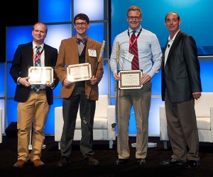 2017 SME Digital Manufacturing Challenge winners from left to right: Eric Gilmer, Camden Chatham and Jacob Fallon of Virginia Polytechnic Institute, and Carl Dekker, chair of the SME’s DDM Tech Group. (Photo courtesy of SME)