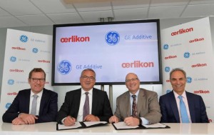 GE Additive, Concept Laser and Arcam AB signed a Memorandum of Understanding (MoU) at the Paris Air Show with Oerlikon of Switzerland to collaborate on accelerating the industrialization of additive manufacturing.In the photo (left to right): Florian Mauerer, Oerlikon; Roland Fischer, CEO of Oerlikon; David Joyce, Vice Chairman, GE; Mohammad Ehteshami, VP and GM, GE Additive (Photo courtesy of GE)
