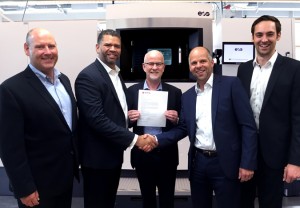 Morf3D purchase of 10 EOS M 400-4 3D-printers. from Left to Right: Andrew Snow, SVP, EOS North America; Ivan Madera, CEO, Morf3D, Glynn Fletcher, President, EOS North America, Dr. Adrian Keppler, CEO, EOS GmbH, and Max Eils, Area Sales Manager – West, EOS North America (Photo courtesy of EOS)