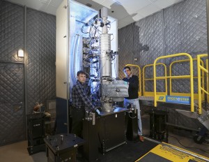 From left, Andrew Lupini and Juan Carlos Idrobo use ORNL’s new monochromated, aberration-corrected scanning transmission electron microscope, a Nion HERMES to take the temperatures of materials at the nanoscale. Image credit: Oak Ridge National Laboratory, U.S. Dept. of Energy; photographer Jason Richards