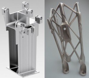 (left) Conventionally machined metal bracket for space applications, © RUAG (right) Additively manufactured metal bracket for space applications, © RUAG (Photos courtesy of Oerlikon)