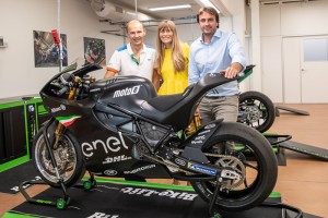 From left: Nicolas Goubert, MotoE™ Executive Director-Livia Cevolini CEO Energica-Giampiero Testoni CTO Energica (Photo courtesy of CRP)