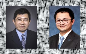 Dr. To (left) and Dr. Xiong with an image of a microstructure produced by additive manufacturing. (Photo courtesy of University of Pittsburgh Swanson School of Engineering)